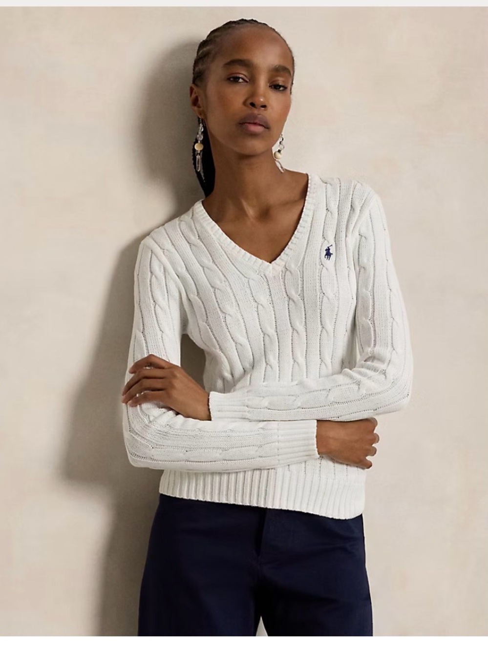 Ralph Lauren Cream Cable-Knit V-Neck Sweater with Embroidered Polo